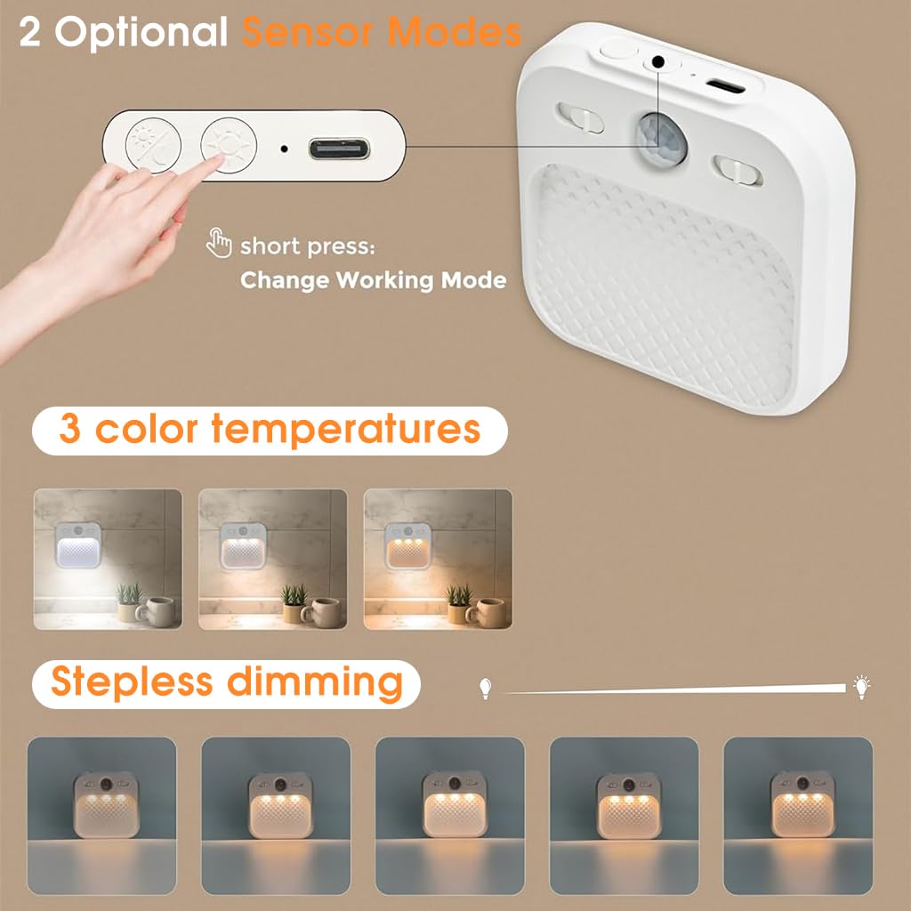 ELEPHANTBOAT® 3Pcs Motion Sensor Led Night Light, Rechargeable Night Light with 3 Colour Temperature, Dimmable Brightness Night Light for Stairs Bedroom Bathroom Hallway