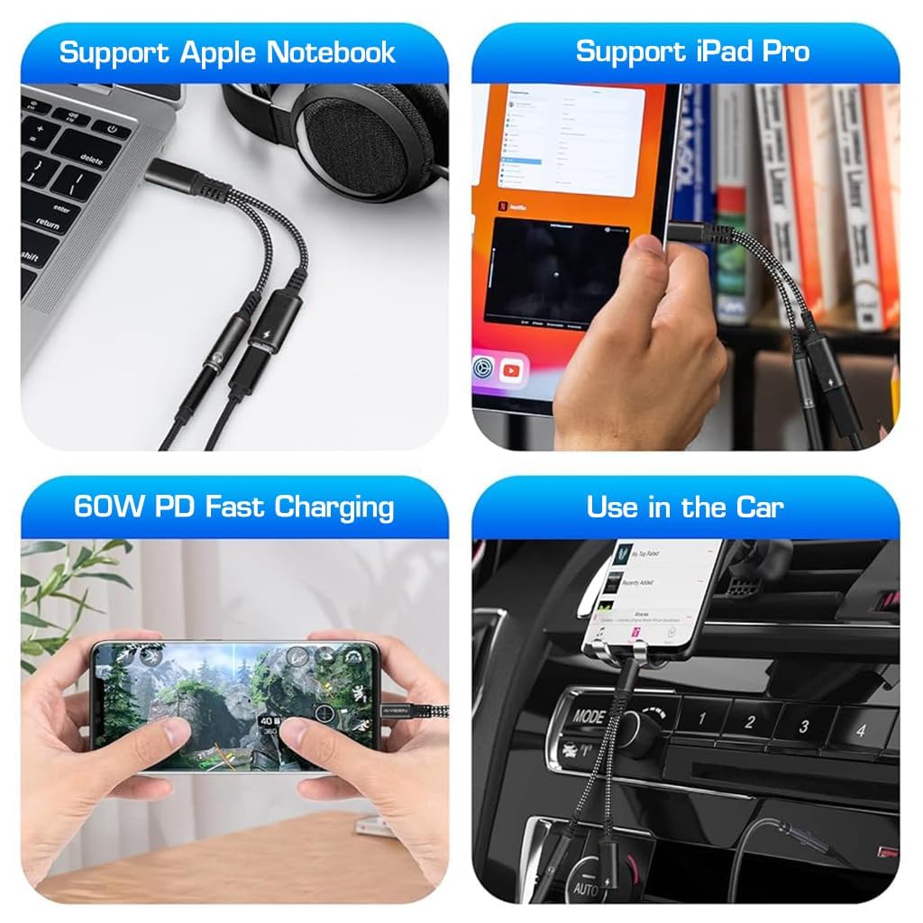Zeitel USB C to 3.5mm Audio Adapter with 60W PD Fast Charging and Smart DAC Chip | Aluminum Alloy Design for Samsung Galaxy and Google Pixel