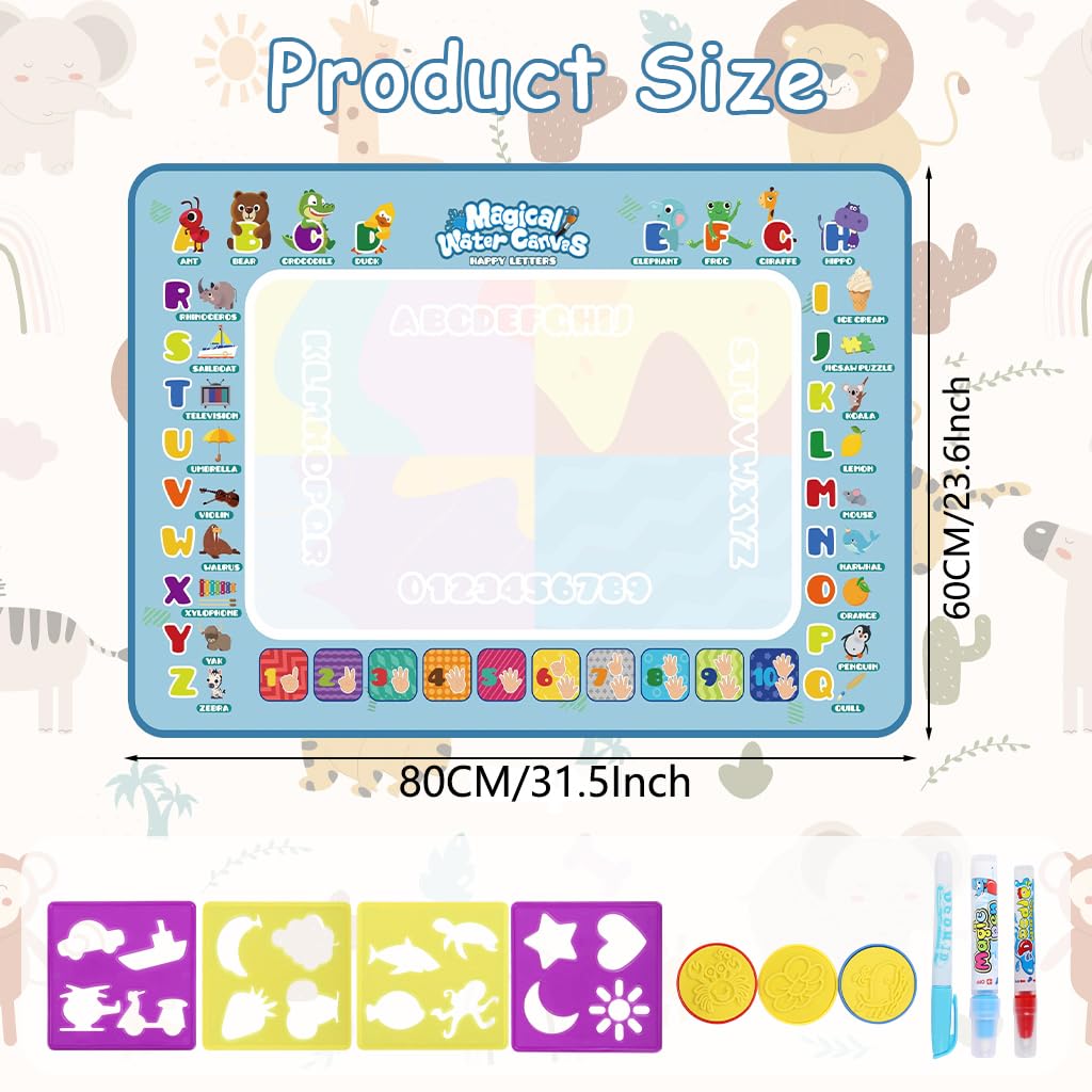 PATPAT Magic Water Doodle Mat for Kids 80x60cm with Water Pens and Roller Stamps | Reusable Mess-Free Drawing Toy