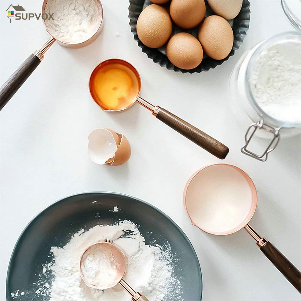 Supvox Measuring Cups and Spoons Set for Cooking and Baking with Walnut Handle & Engraved Markings 16PCS Stainless Steel Rose Gold Finish