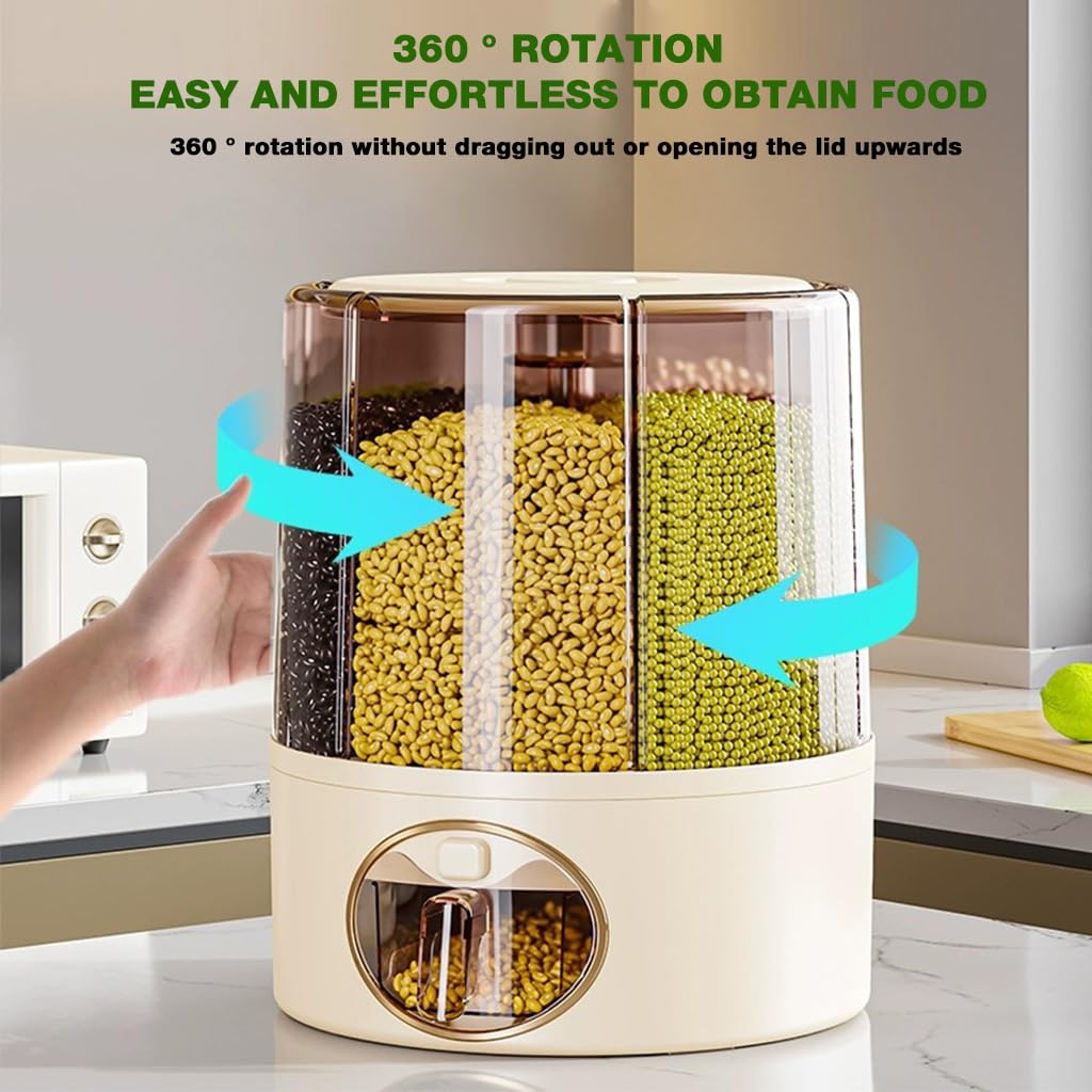 Supvox Cereal Dispenser for Kitchen with 6-in-1 Compartments and 24lbs Rice Storage | Moisture-Proof Rotatable Design