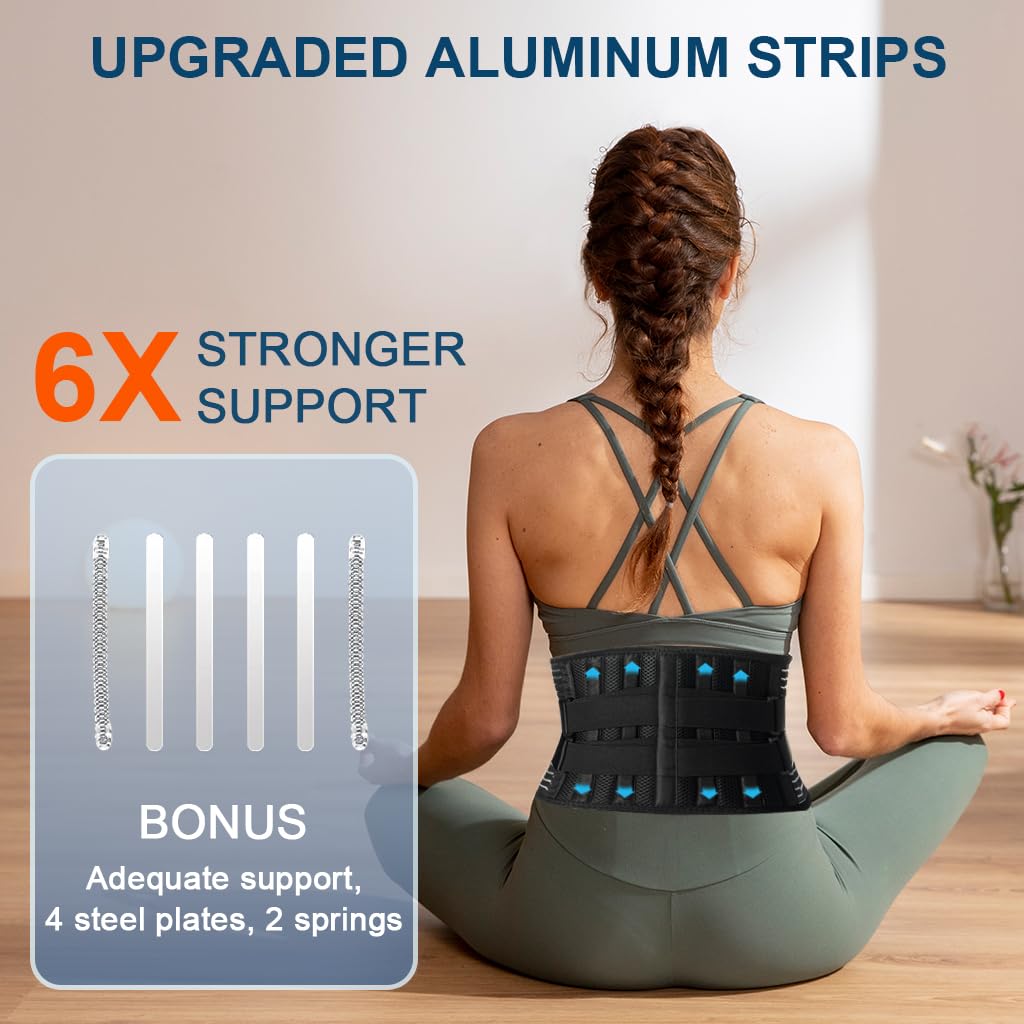 HANNEA Lumbar Support Belt for Back Pain Relief with 6 Metal Flexible Brace Bars | Breathable Mesh for Gym and Posture Correction