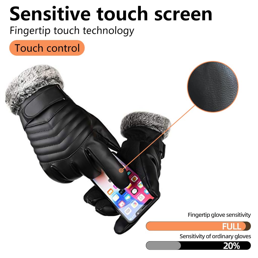 PROBEROS Winter Gloves for Men with Touchscreen Tips and Anti Slip Palm | PU Leather Thermal Liner