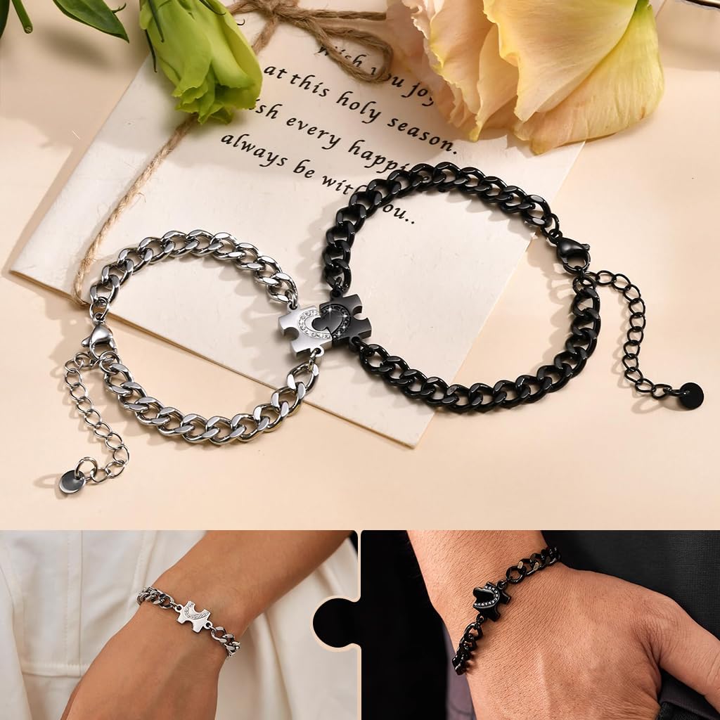 SANNIDHI Couple Bracelets for Anniversary Gift with Heart Puzzle Charm in Silver and Black