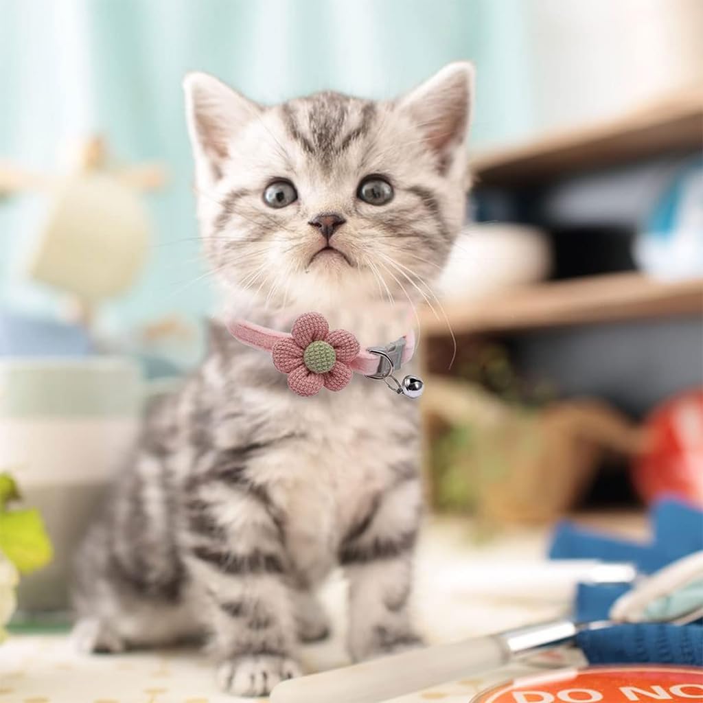 Qpets Cat Collar with Quick Release Buckle and Soft Adjustable Plush Material | Pink Beige Flower and Silver Bell for Cats