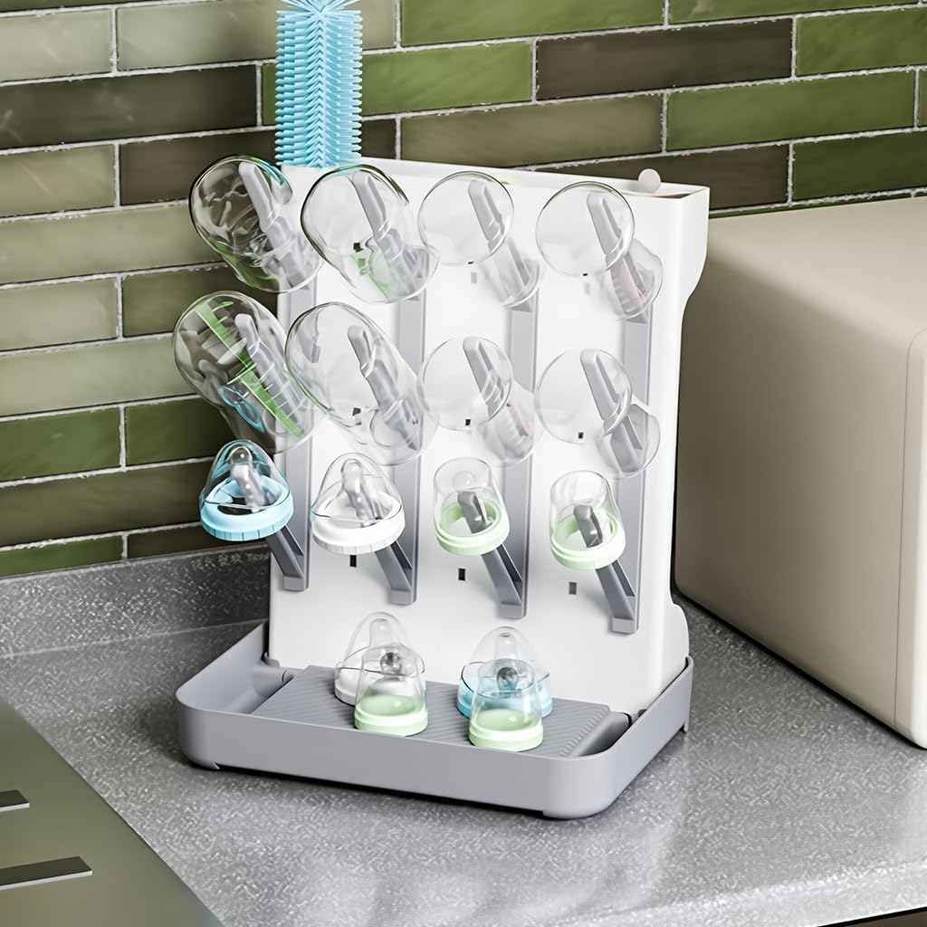 SNOWIE SOFT Baby Bottle Drying Stand with 12 Hangers and Drip Tray 7.6x10.5x12.8 in | DIY Organizer for Feeding Accessories
