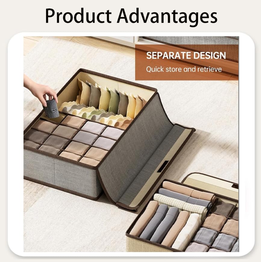 Zibuyu Foldable Undergarments Organizer for Women with 17 Cells and Magic Buckle Lid | Cotton Linen Storage Box for Wardrobe