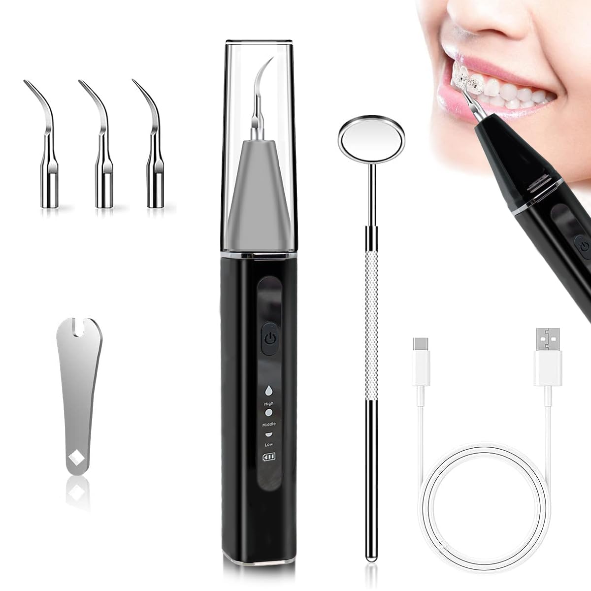 HANNEA Teeth Whitening Kit with LED and 4 Stainless Steel Bits for Deep Cleaning | USB Rechargeable