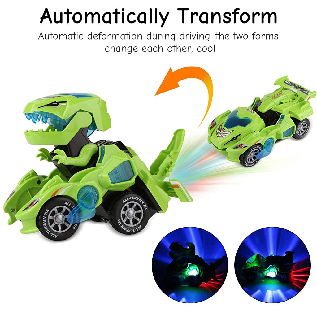 Qpets Dinosaur Car Toy with Sound and Light for Kids featuring Auto Transform | Green