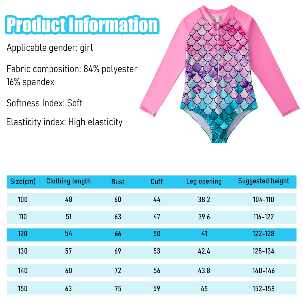 PALAY® Mermaid Swimming Costume for Girls, One Piece Swim Suit for Kids Girls, Long Sleeve Stretchy Swimsuits Swimming Suit Beach Wear for Girls 6-7 Years Old - UPF 50+