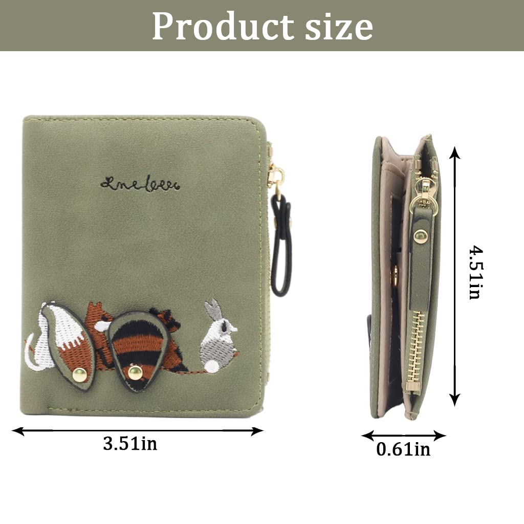 PALAY® 2pcs Leather Wallets for Women's Stylish, Cute Mini Animals Embroidery, Short Wallet Card Holder Billfold Purse Wallet Gift for Girls, Green