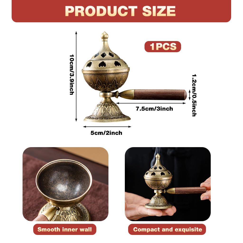 HASTHIP Incense Burner for Meditation with Swivel Bowl and Wooden Handle | Retro Alloy Decor