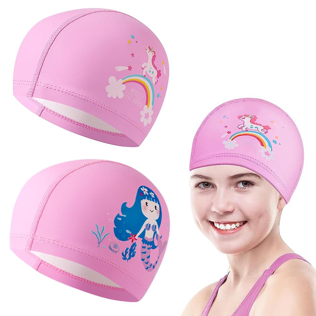 Proberos Swimming Cap for Kids with 23 cm Fit and Leak‑Proof PU Material | 2 Pcs Unicorn Mermaid Design