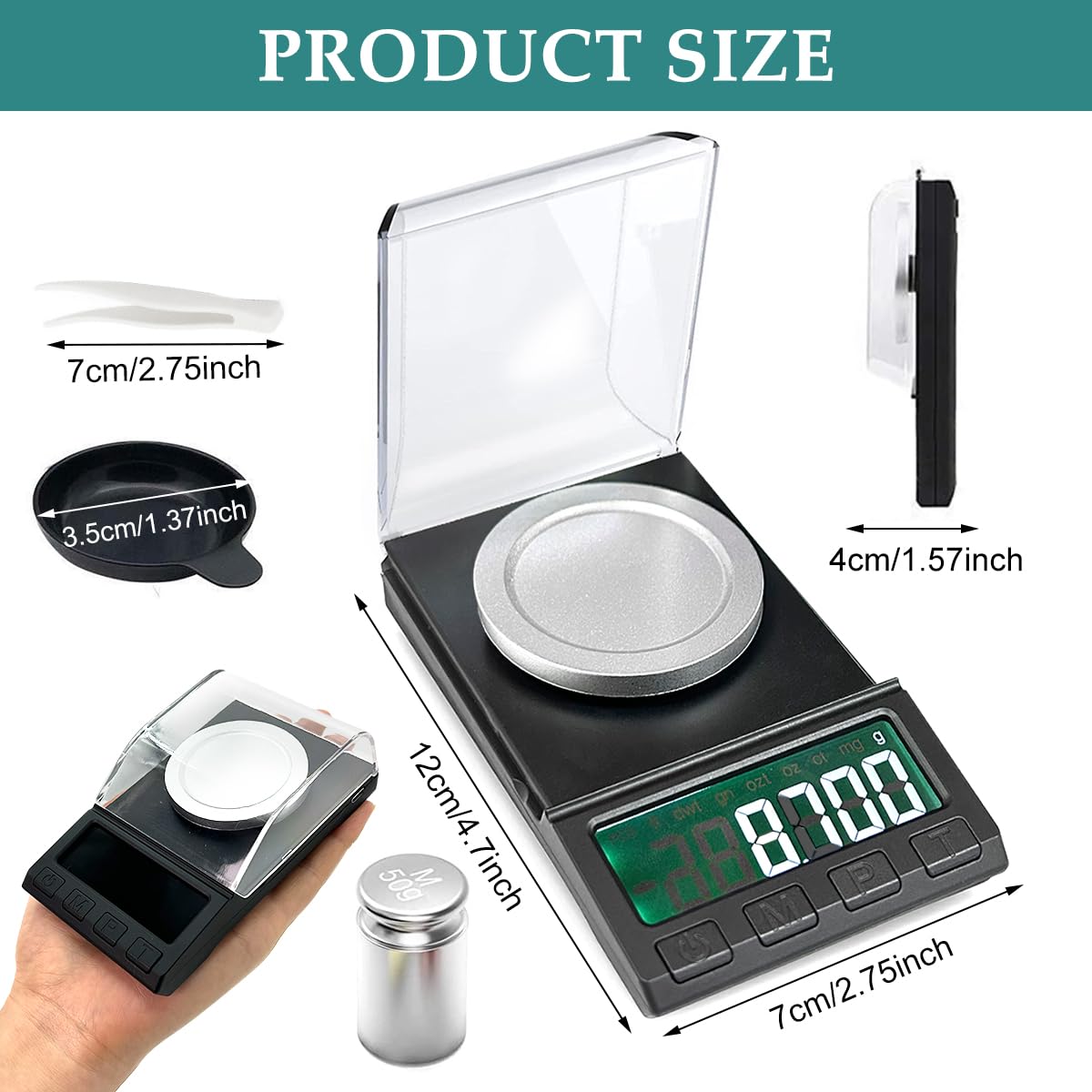 HASTHIP Digital Kitchen Weighing Scale for Home with 50g Capacity and 0.001g Precision | Portable LCD Pocket Scale with Tray Calibration Weight and Tweezer