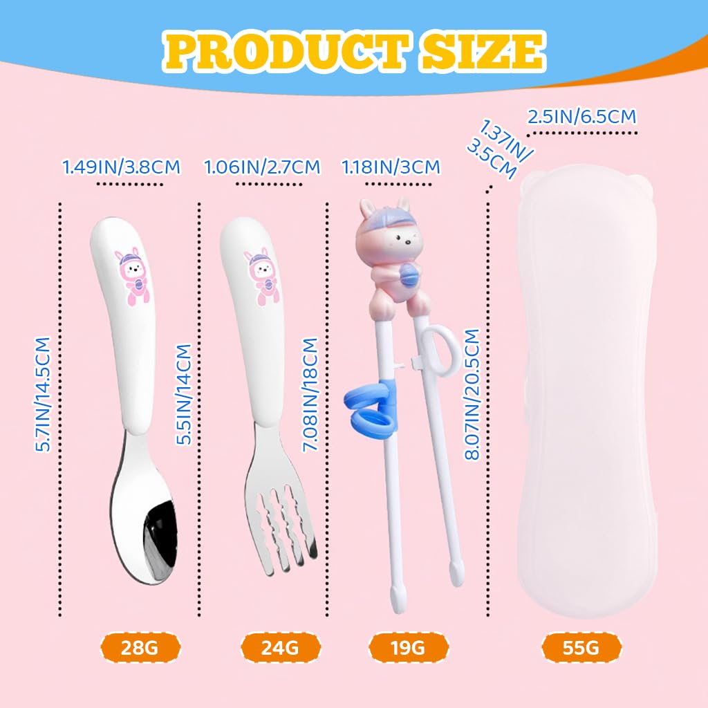 SNOWIE SOFT Kids Spoons and Forks Set for Self Feeding with Hinged Ring Chopsticks | Stainless Steel 3Pcs Pink Utensils for Ages 3–7