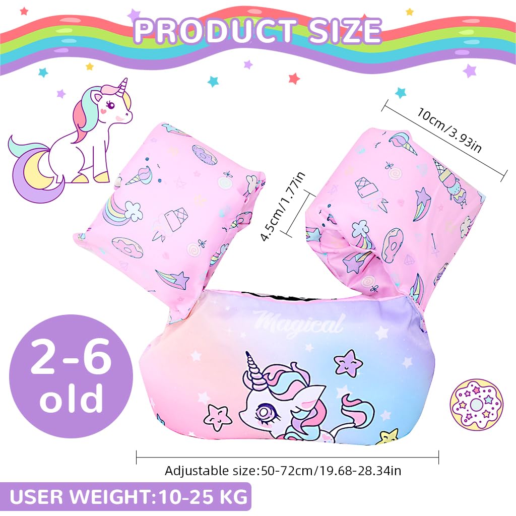 Proberos Kids Floating Vest for 30–55 lb Toddlers with Inflatable Arm Floats and PVC Pink Unicorn Design