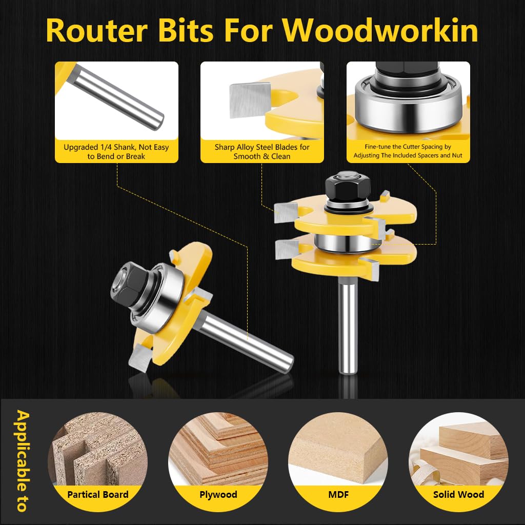 Serplex Router Bit Set for Precise Cabinet Joinery with Adjustable 3 Teeth Shaker | Alloy Steel 1/4 in Shank