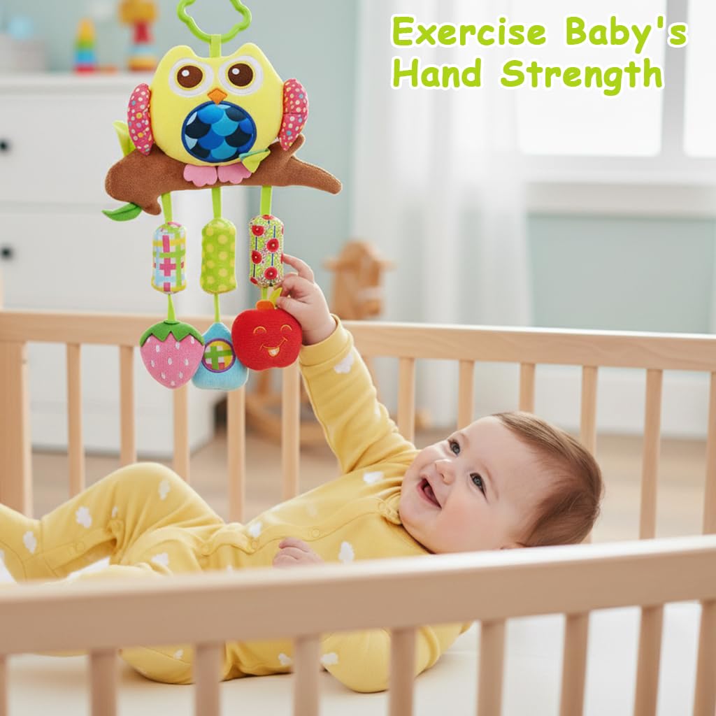 SNOWIE SOFT Baby Hanging Plush Owl Toy for Cribs and Strollers with Rattles | Soft Sensory Play