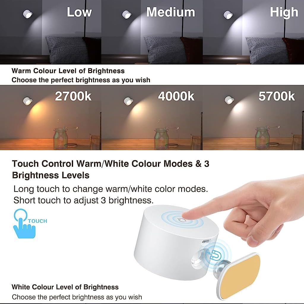 Qpets® USB LED Wall Light 360° Rotatable Night Light Magnet LED Reading Light with 3 Brightness Touch Button Control Self-Adhesive Bedside Light Wall Light for Bedroom