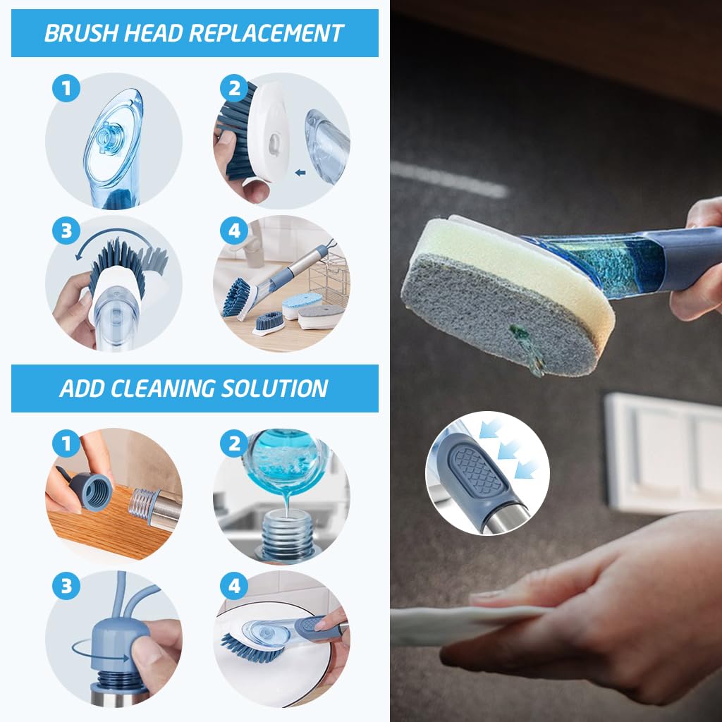 Serplex Dish Washing Scrubbers Set for Kitchen Cleaning with Soap Dispensing Handle and Tray Holder