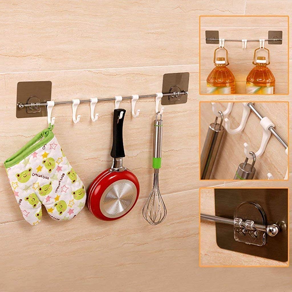 HASTHIP Self Adhesive Towel Rail for Kitchen and Bathroom with 6 Hooks 40x7 cm | White Stainless Steel and Plastic Design