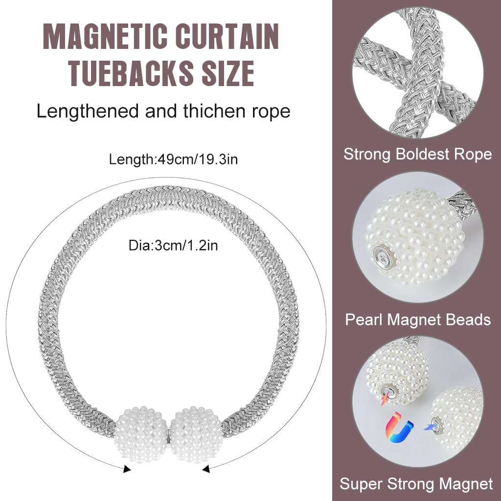 ZIBUYU Curtain Tiebacks 6Pcs for Home and Office Décor with 45cm Rope and Magnetic Pearl Heads