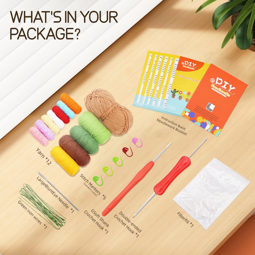 PATPAT DIY Crochet Art Material Kit for Home Decor featuring 6 Mini Flower Pots | Beginner Gift Set with Multi Colour Yarn