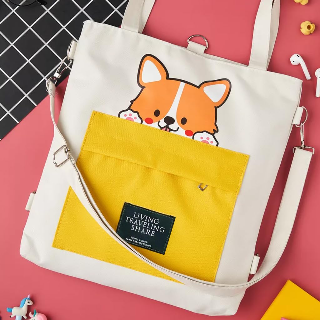 Zibuyu Canvas Crossbody Tote Bag for Women with Adjustable Detachable Strap 36x33cm | White Akita Dog Print Shoulder Purse
