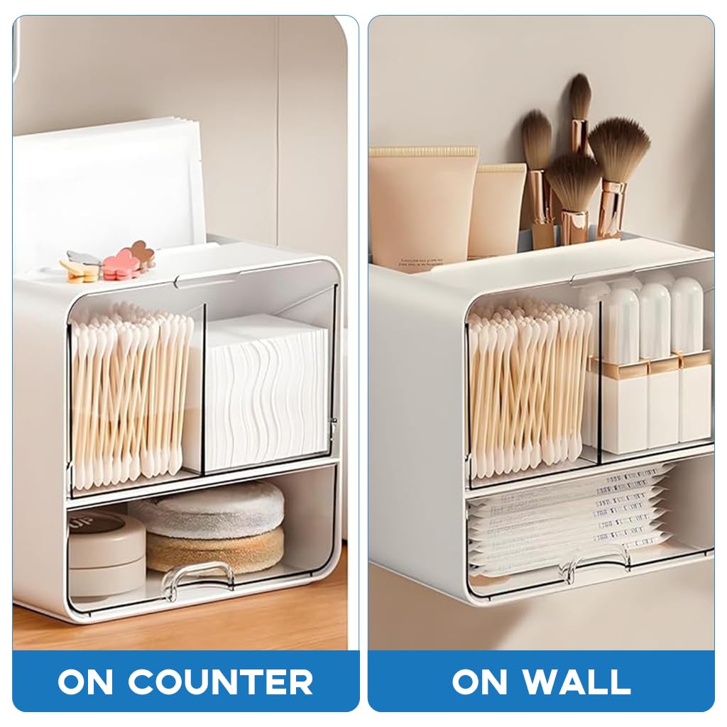 HASTHIP Bathroom Organizer for Cotton Pads and Swabs with Flip Covers 16.3x10.8x17.2 cm | Wall Mounted White Storage Case