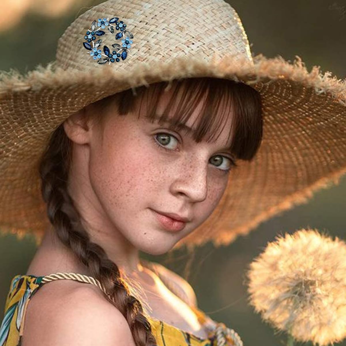 SANNIDHI Flower Brooch Pin for Women featuring Blue and Grey Rhinestone Wreath Design