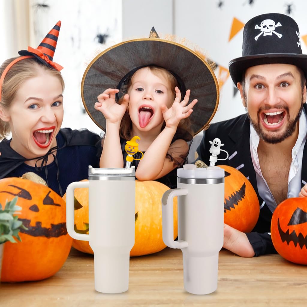 HASTHIP Halloween Silicone Straw Caps for 10mm Reusable Straws featuring Pumpkin and Ghost Designs