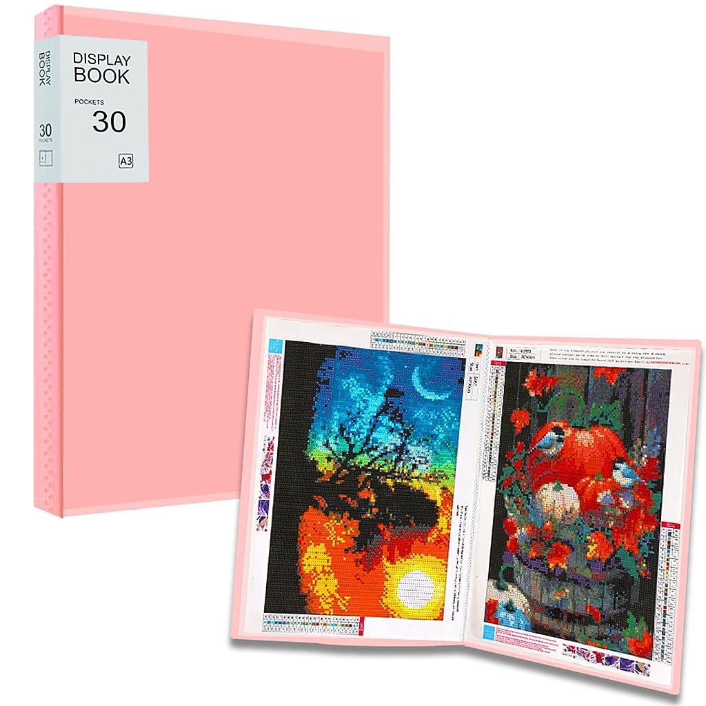 HASTHIP® A3 30 Pages Diamond Painting Storage Book for Diamond Painting Kits, Clear Folder Storage Bag, Art Portfolio Painting Storage Book for Diamond Painting Kit, 16.9X12.6inches (Pink)