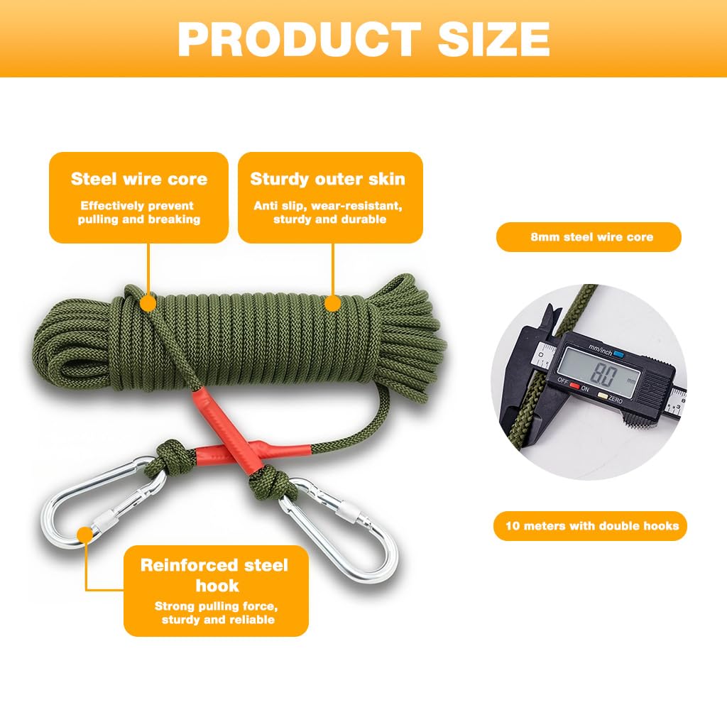 HASTHIP Clothes Drying Rope for Outdoor Laundry with Dual Carabiners and 10m Steel Core | Army Green