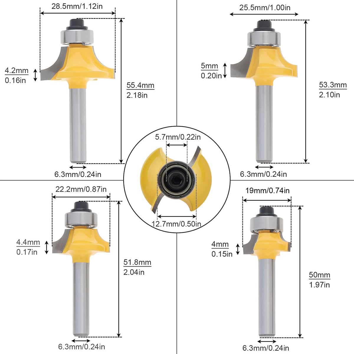 Serplex Roundover Router Bit Set for Wood with 6mm Shank and Bearing Guide | 4pcs Radius 1/8 1/4 3/16 5/16