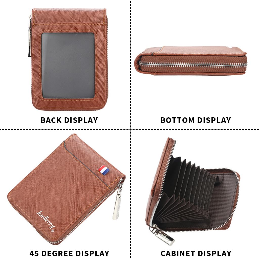 ZIBUYU Card Wallet for Women and Men with 9 Card Slots and ID Window | Brown PU Leather
