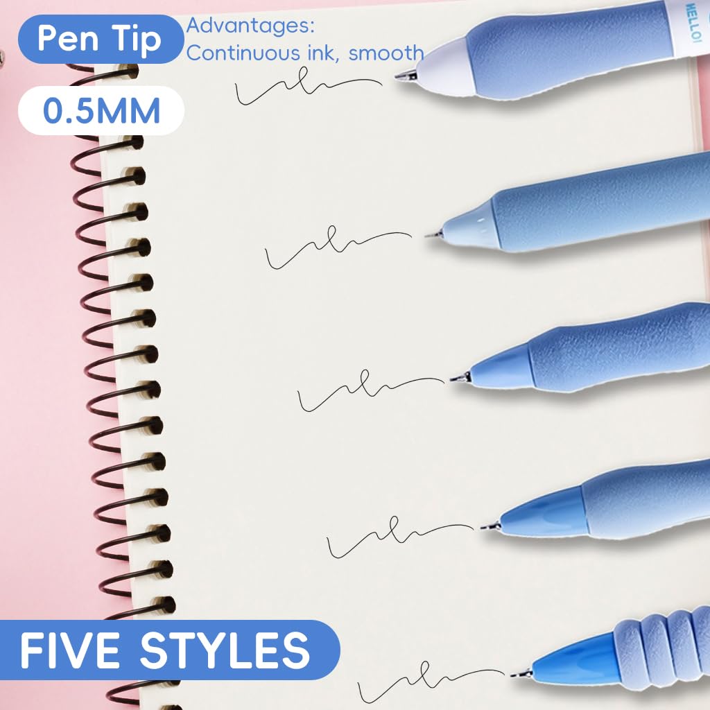 Zibuyu Click Pens 5Pcs for Students with Smooth Gel Ink and Cushion Foam Grips | Cloud Themed Blue Stationery
