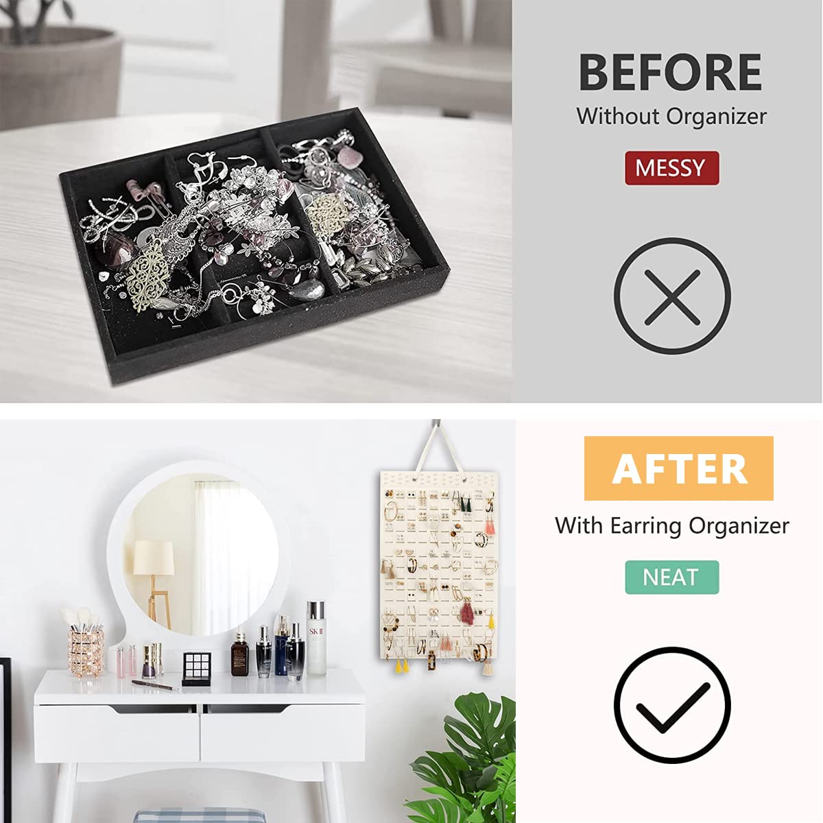 HASTHIP Felt Hanging Earring Organizer for 300 Pairs with 22.5x13.6 in Wall Display | White