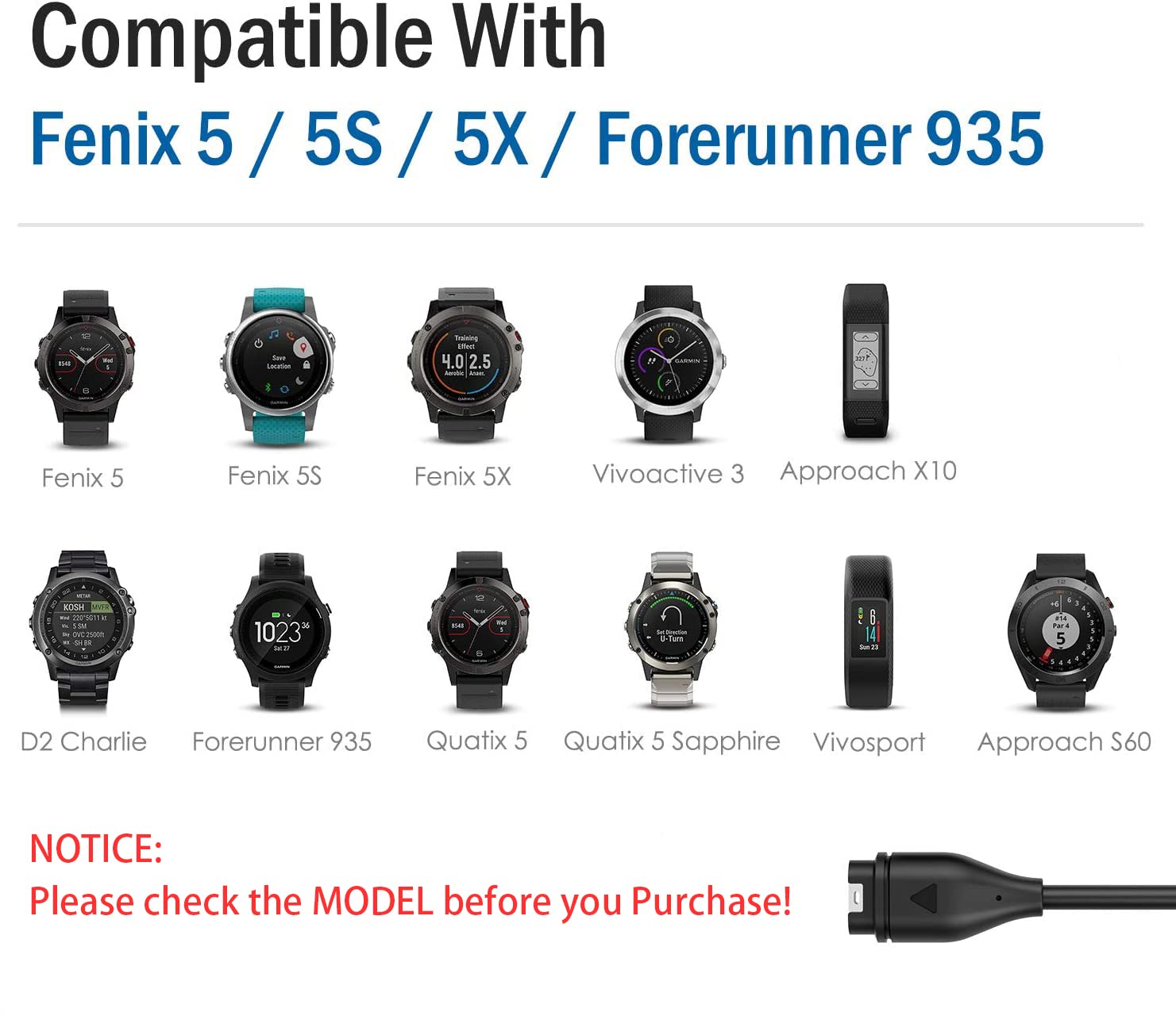 ZORBES Charger Cable for Garmin Fenix 5 Series featuring Voltage Regulator and 95cm Length | Black