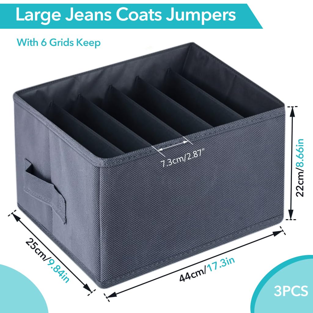 HASTHIP Clothes Organiser for Wardrobe with 6 Drawer Compartments and Handles | 3Pcs 44x25x22cm Cloth Storage Boxes