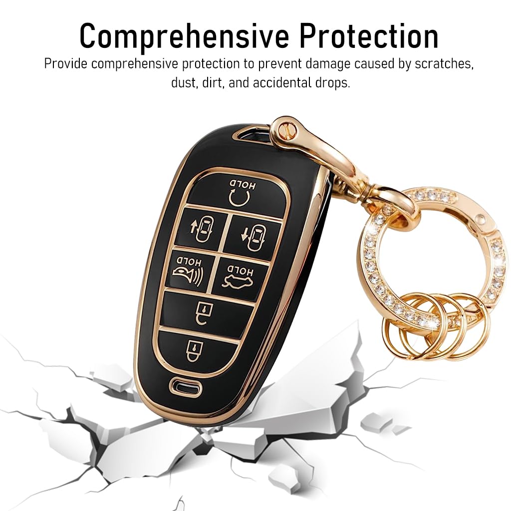STHIRA Luxury Hyundai Car Key Protective Case with Rhinestone Keyring and Soft TPU Cover for 2019–2022 Models | Black Waterproof Accessory