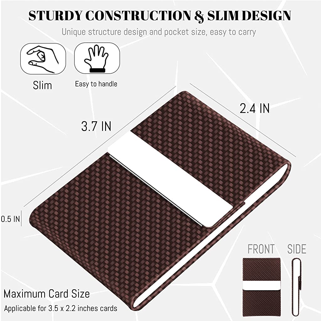 ZIBUYU® Business Card Holder, 6 * 9.5cm Metal Business Card Case Classy Card Holder for Women & Men, PU Leather Business Card Name Card Holder Case with Magnetic Clasp, Brown