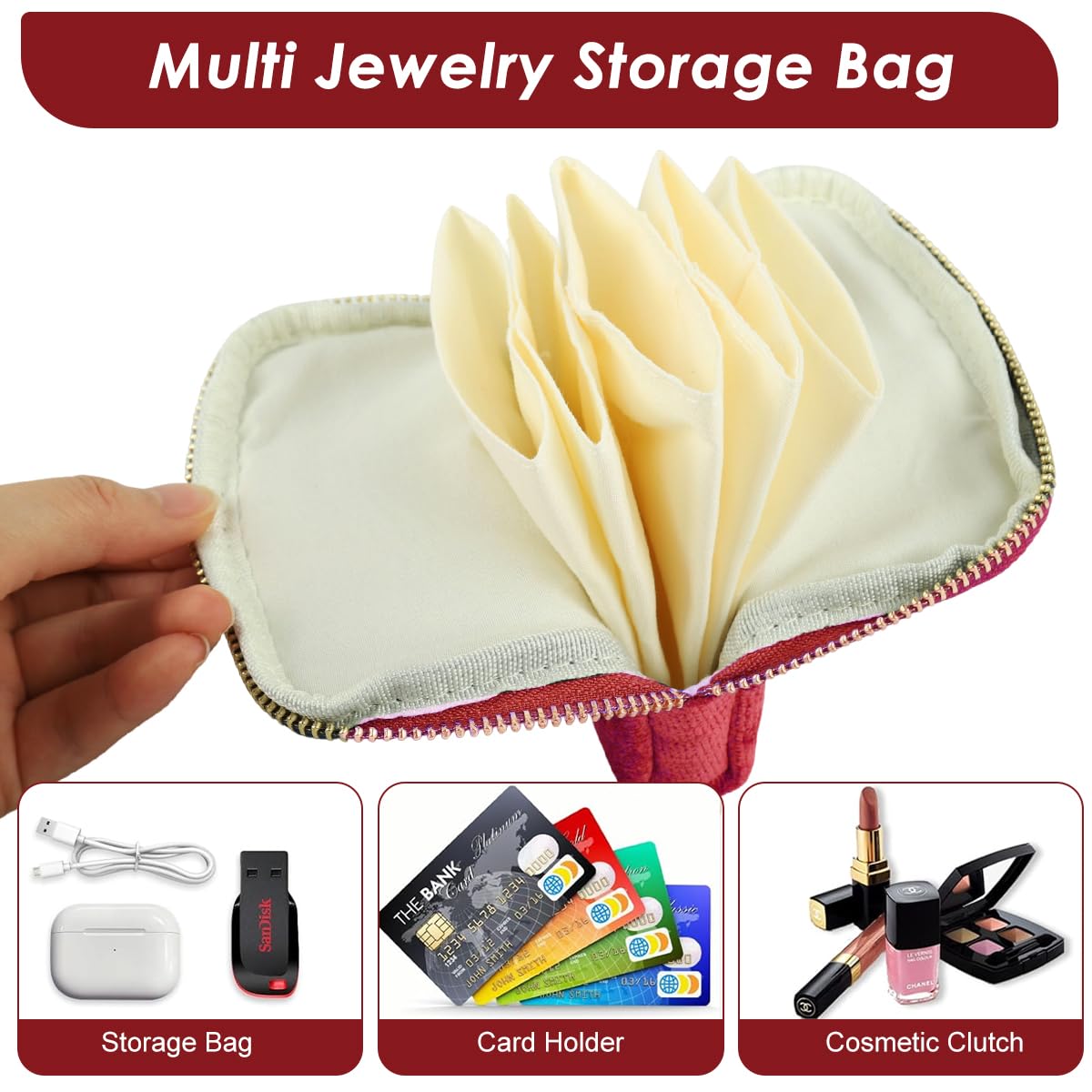 MAYCREATE Jewelry Storage Pouch for Travel with Tassel Zipper 13x11.5cm | Red Organizer