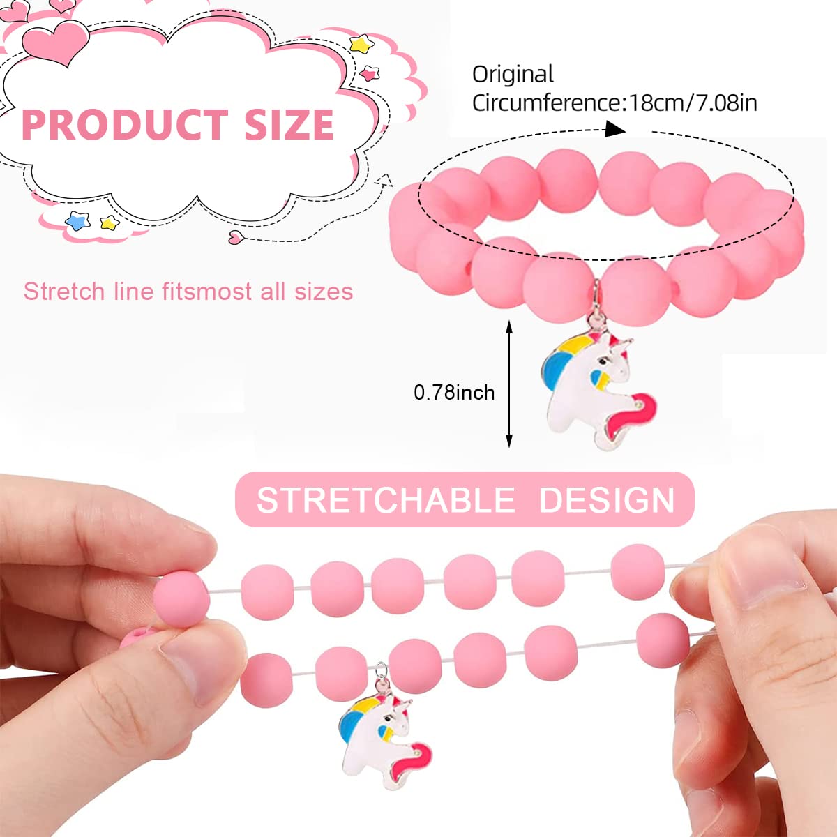 Venzina Unicorn Bracelet Set for Girls featuring 6 Beaded Candy Color Charms | Gift for Kids