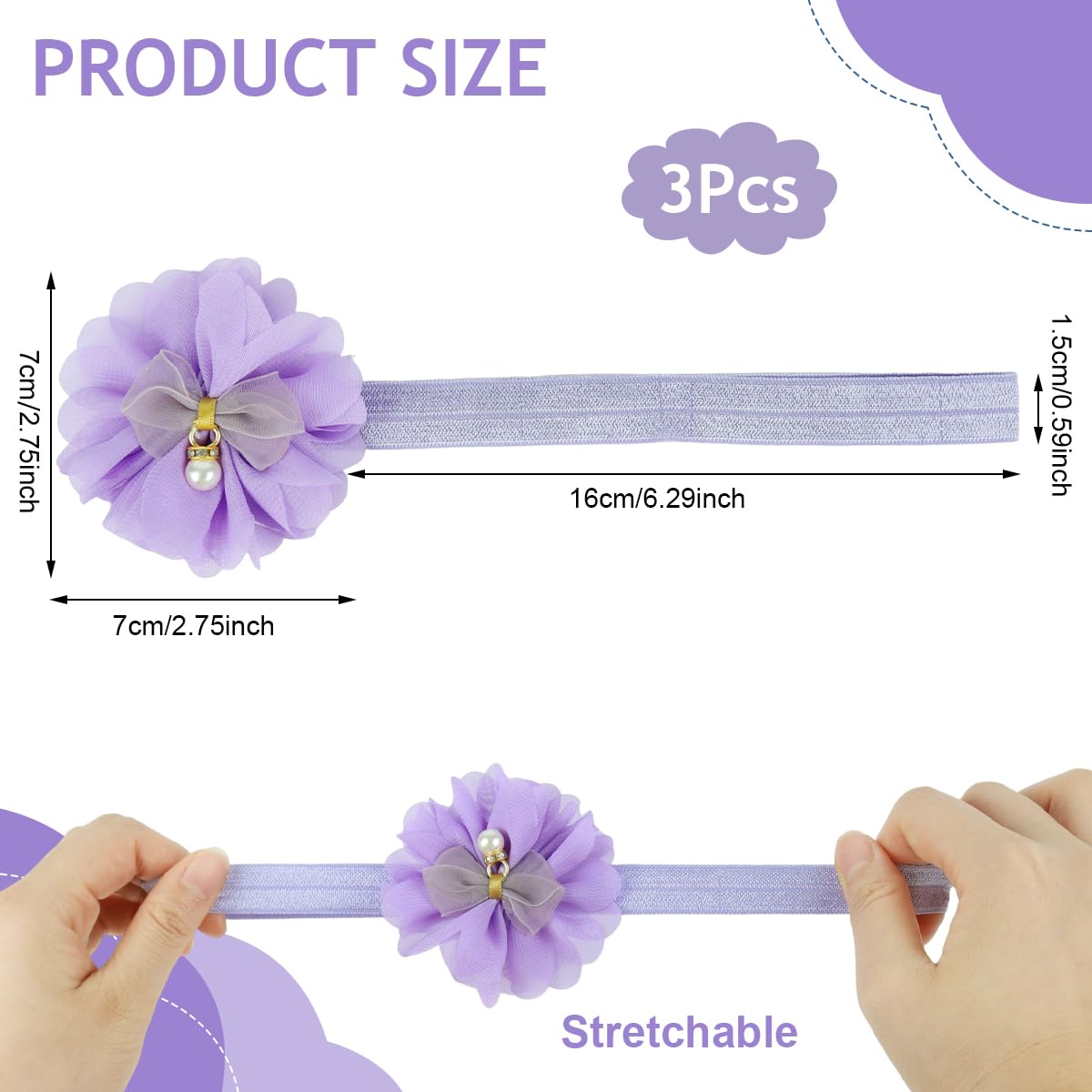SNOWIE SOFT Hair Bands for Baby Girls 0–2 Years with 14.9–20.4 in Stretch | Soft Purple Flower Bows