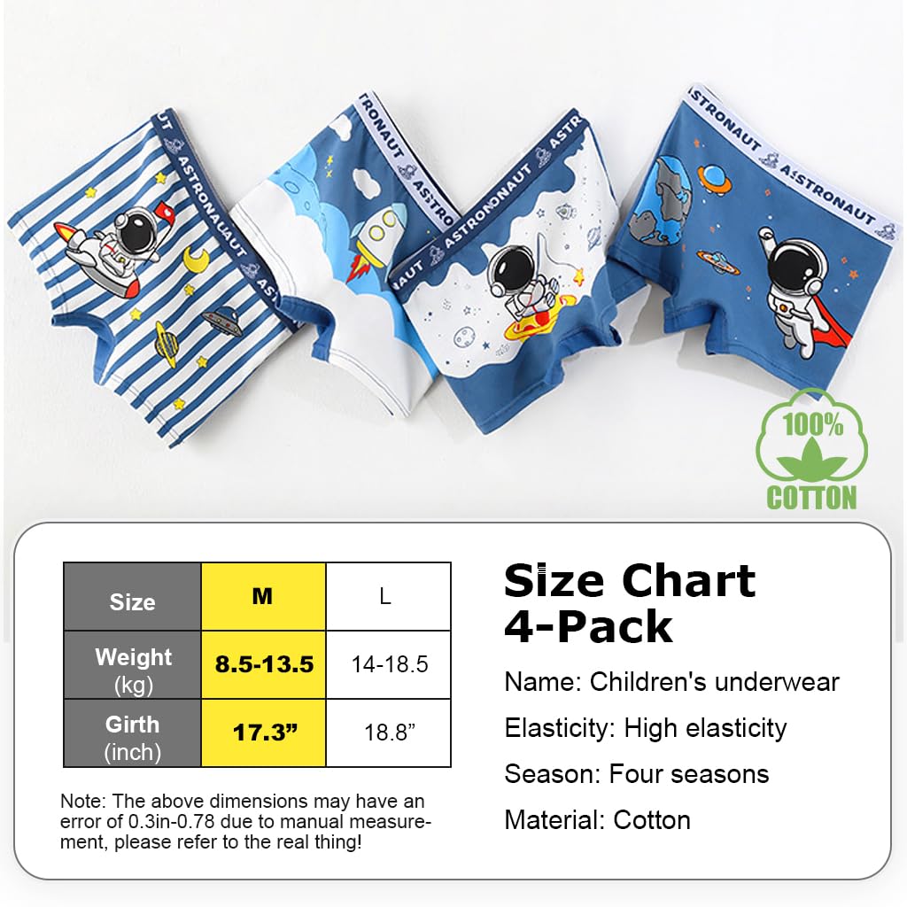 PALAY Boys Underwear 4 Pack for Toddlers with Elastic Waist featuring Cotton Spandex Fabric | Soft Astronaut Boxer Briefs for Ages 3–12