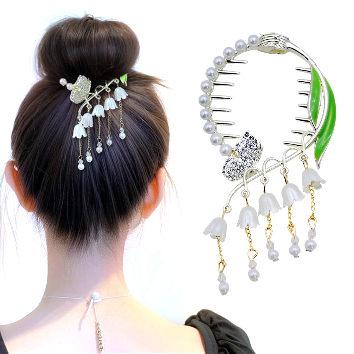 PALAY® Pearl Tassel Hair Bun Accessories for Women, Stylish Flower Hair Bun Clips, Rhinestone Hair Claw Clips Ponytail Holder Buckle, Hair Styling Hair Accessories for Girls Gift