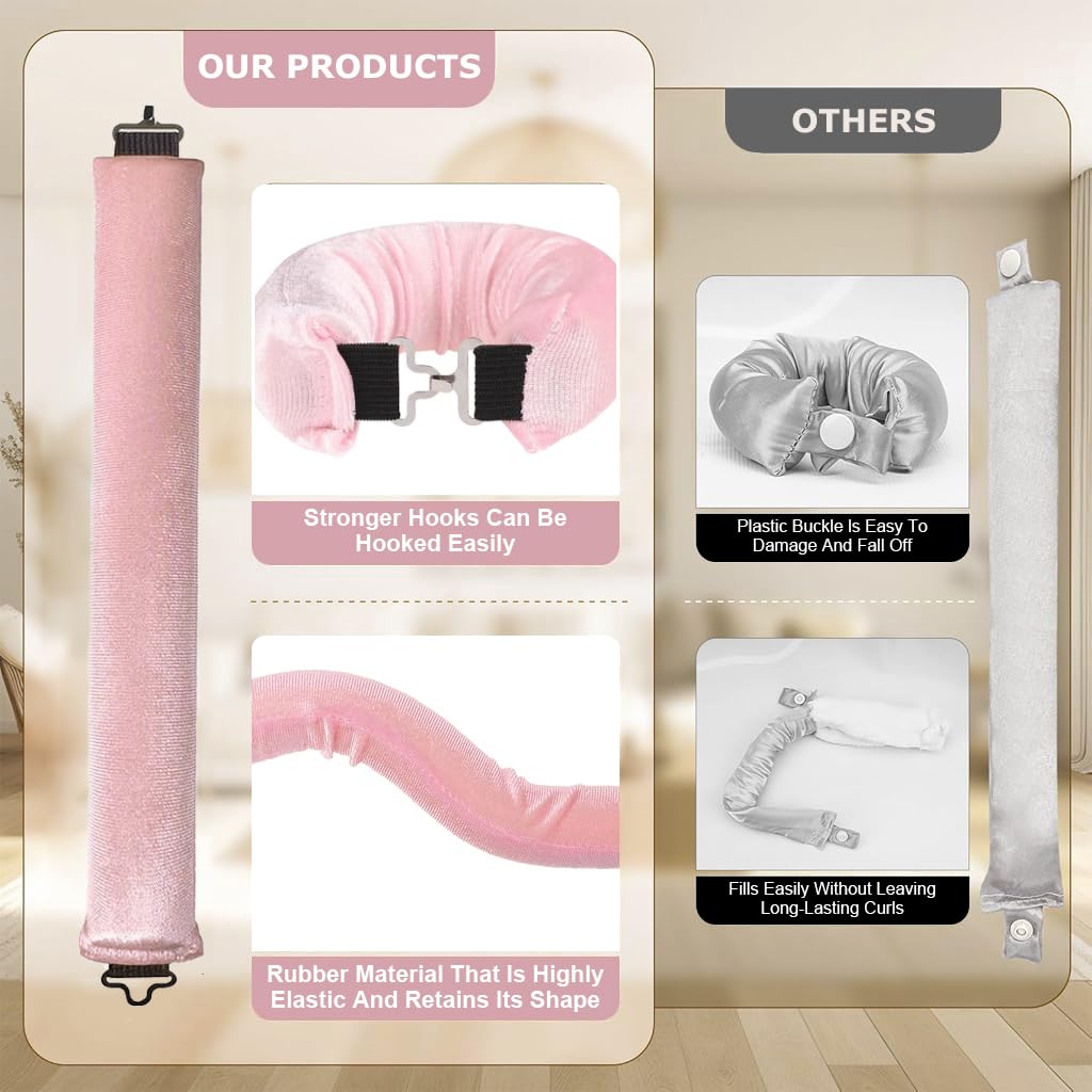 MAYCREATE Heatless Hair Curlers Set for Overnight Styling with Dual Hook & Satin Headscarf | 3pcs Pink Curling Rods for Women