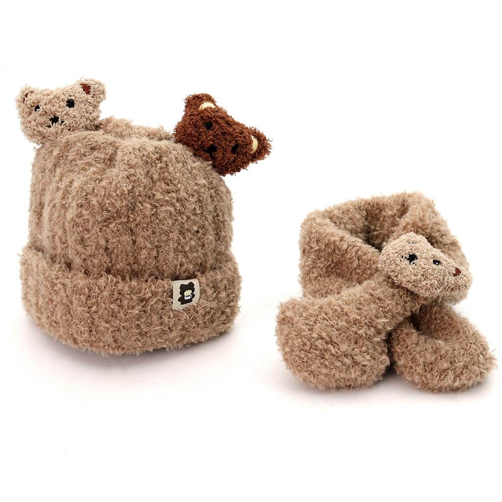 SNOWIE SOFT Brown Bear Plush Winter Hat and Scarf Set for Toddlers 0–3 Years | Cozy Woolen Warmth