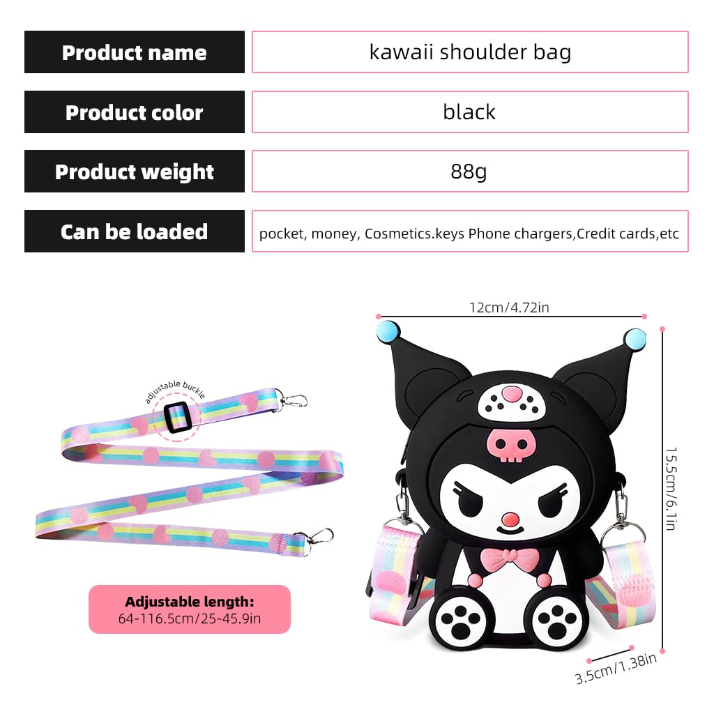 PALAY® Kuromi Purse for Girls, Kawaii Small Bag for Girls Silicone Girls Purse Mini Bag Cartoon Cute Bags for Girls Daily Casual Coin Purse Phone Pouch Fashion Sling Bag for Girls 4.33*5.9*1.57 Inch