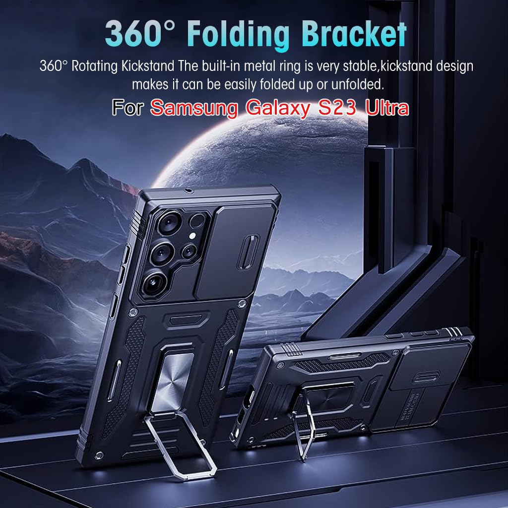 Zeitel Galaxy S23 Ultra Case with 360° Rotatable Ring Kickstand and Sliding Lens Cover | Black PC TPU Metal Protection